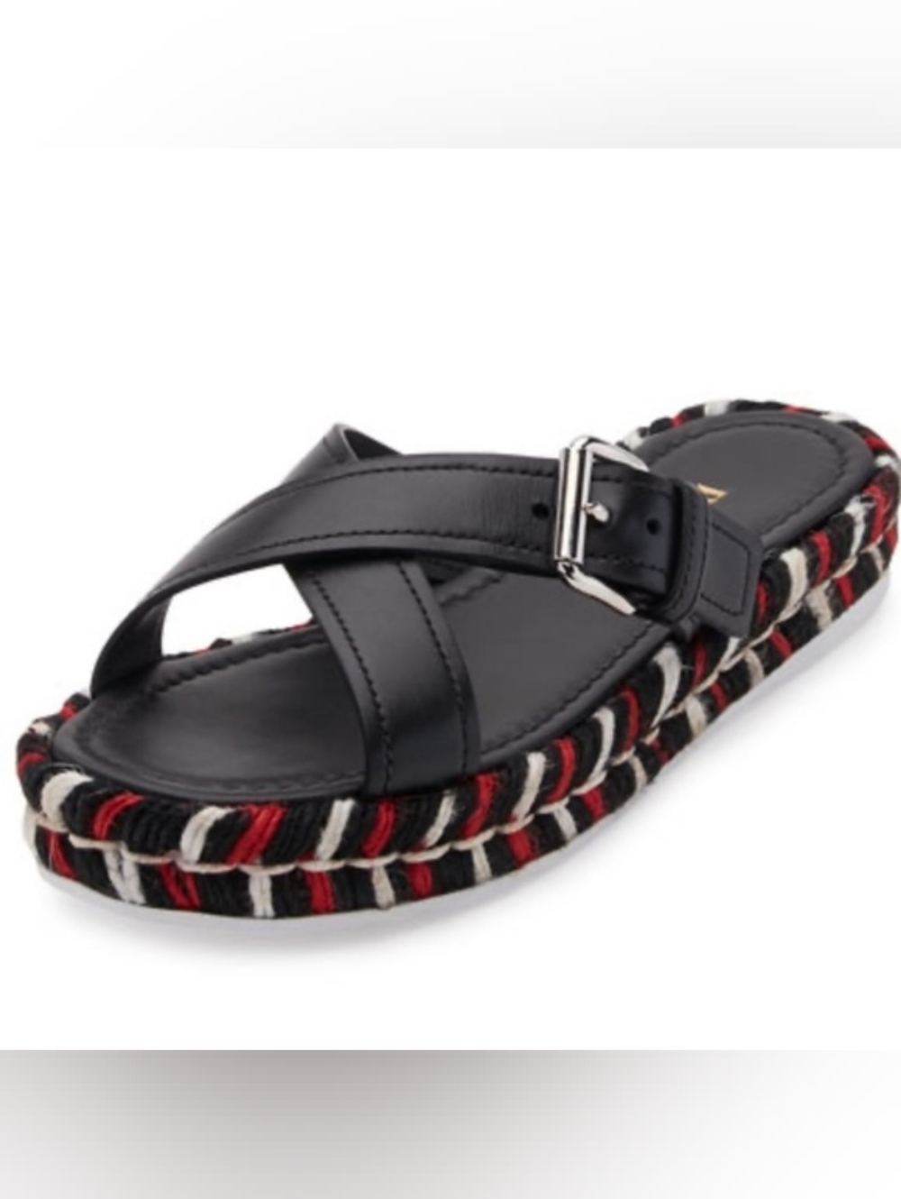 Prada Black Leather Cross-Strap Slide Sandal with Braided Accent Size 37.5/7 EUC